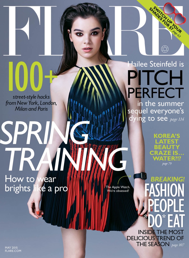 Hailee Steinfeld posed on the May 2015 cover of FLARE wearing the Apple Watch. 