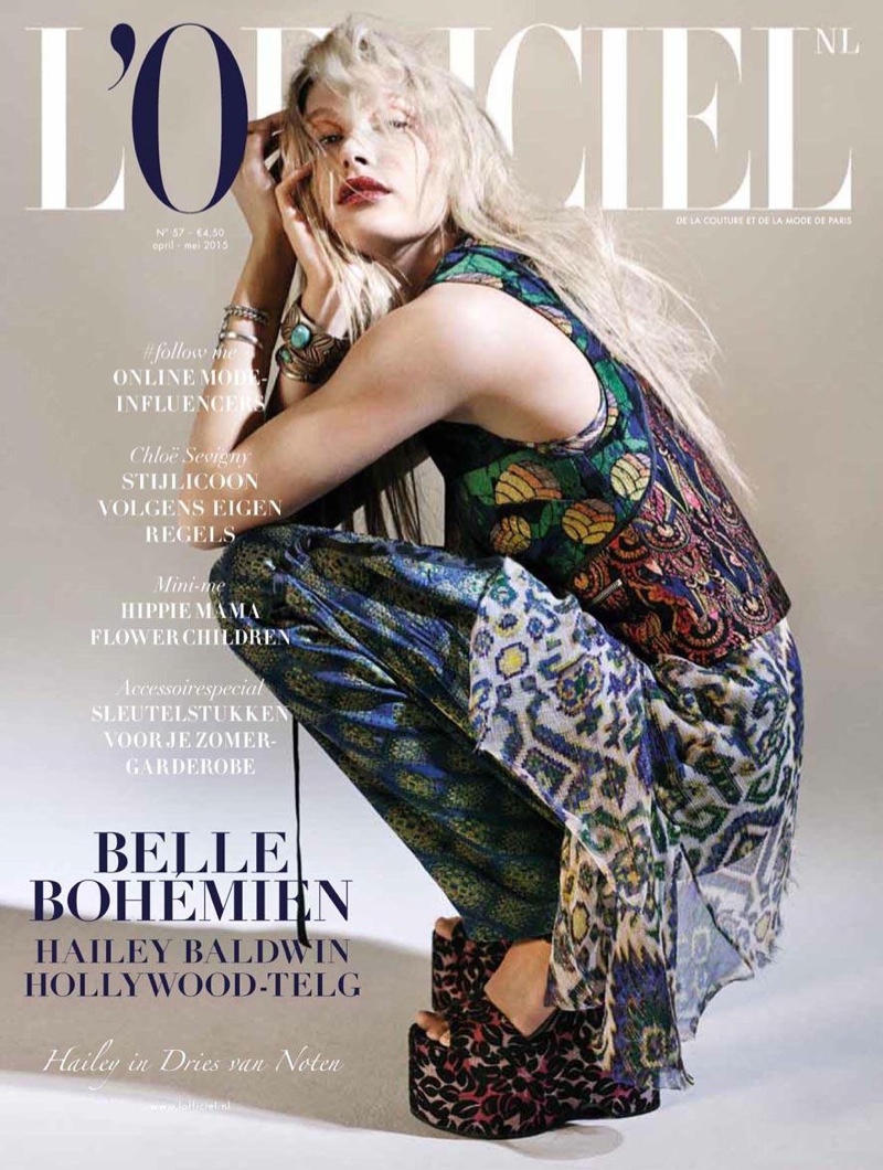 Hailey Baldwin wears Dries Van Noten on L'Officiel Netherlands' April/May 2015 cover