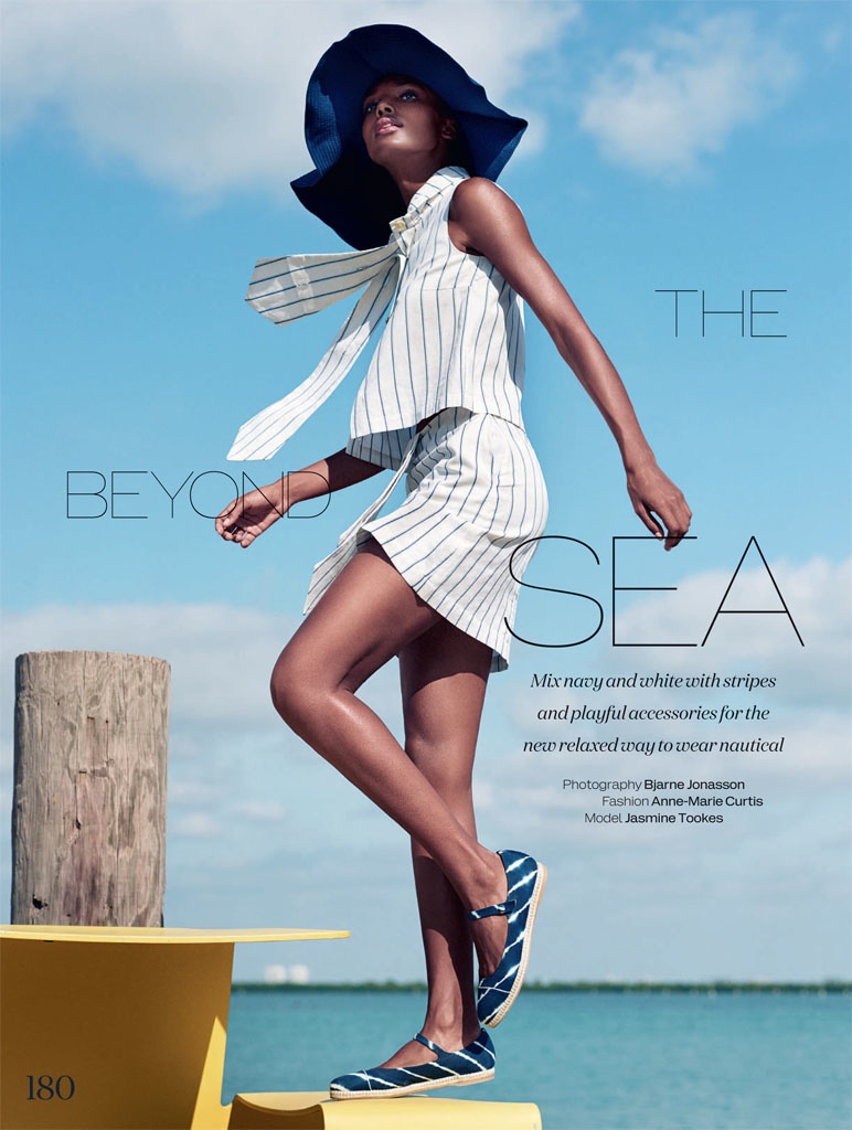 Jasmine Tookes models nautical style for the April issue of ELLE UK. 