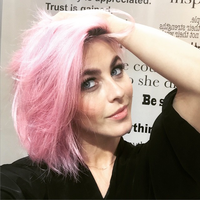 AFTER: Julianne Hough revealed a bubble gum pink hairdo on Instagram. 