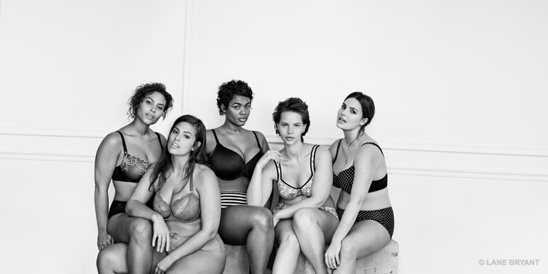 Models pose in #ImNoAngel Lane Bryant campaign, spotlighting lingerie. 