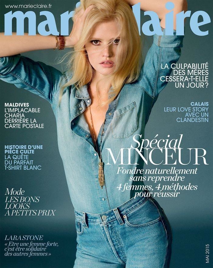 Lara Stone wears denim on denim for Marie Claire France May 2015 cover