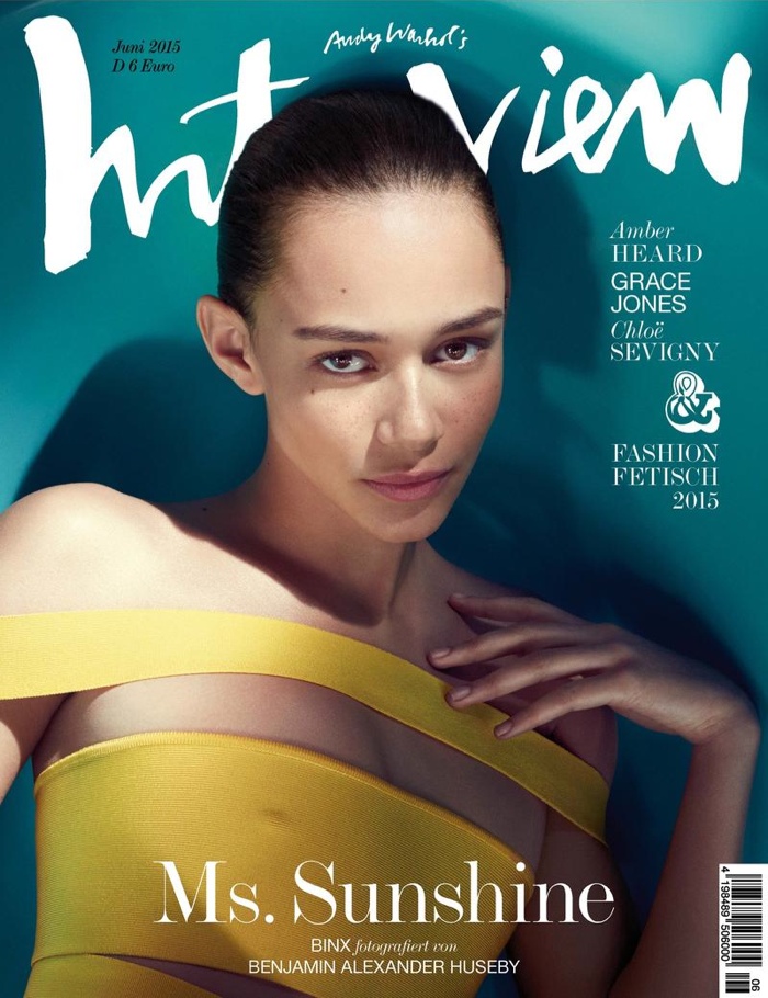 Binx Walton radiates in yellow for Interview Germany June-July 2015 cover