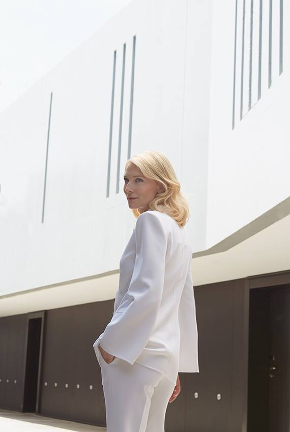 Cate Blanchett wears white Armani pant suit at preview of new ‘Si’ campaign at Cannes. Photo: Armani