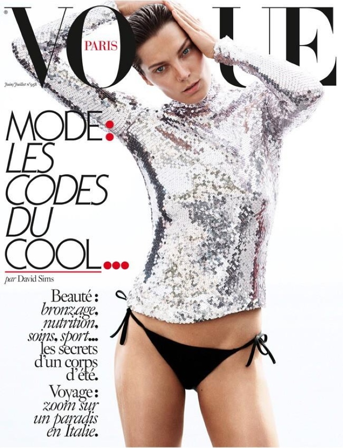 Daria Werbowy sports a silver Dior top on the June-July 2015 cover of Vogue Paris