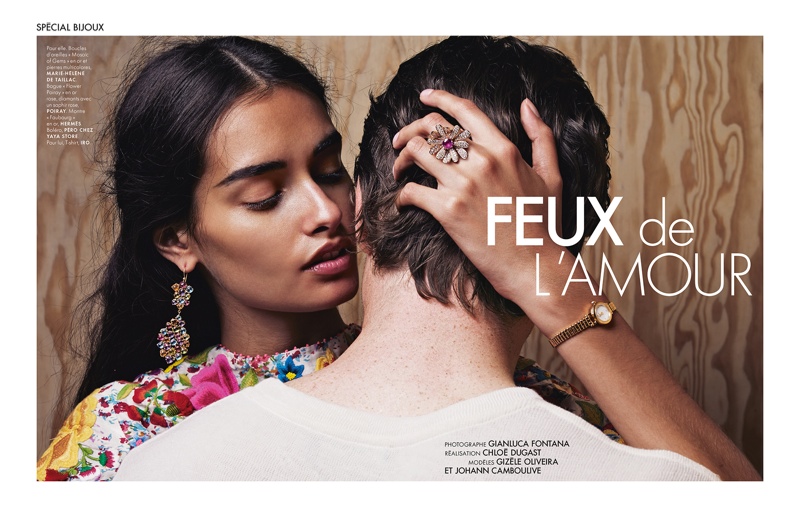 Gizele Oliveira and Johann Camboulive star in a jewelry story photographed for ELLE France
