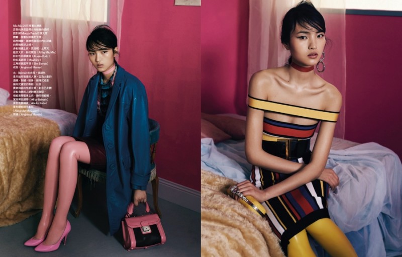 Pictured right, Luping gets graphic in a Balmain colorblocked bandage dress.