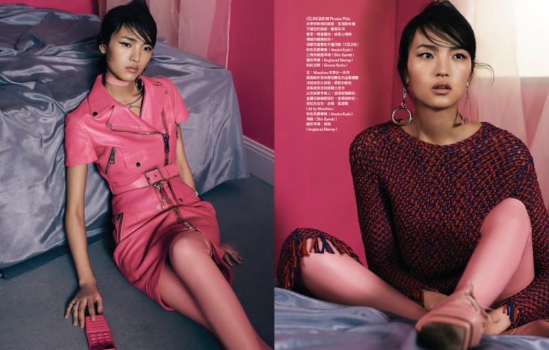 Left: Luping is pretty in pink with a little rebellion thanks to the use of leather.
