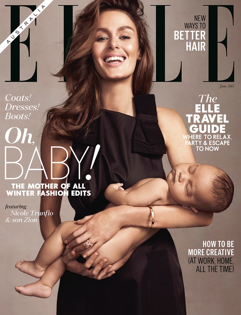 Nicole Trunfio poses with son Zion on ELLE Australia June 2015 cover