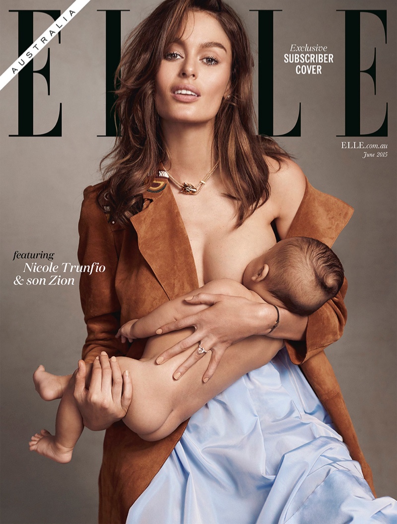 Nicole Trunfio breastfeeds son Zion on ELLE Australia June 2015 cover