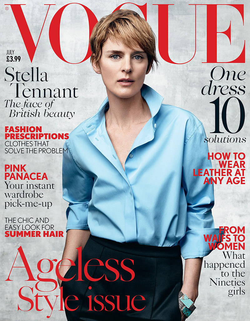 Stella Tennant graces the July 2015 cover of Vogue UK