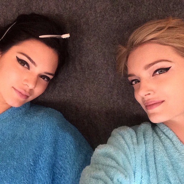 Kendall Jenner and Lily Donaldson wear the perfect cat eye on set of Fendi campaign. Photo via Instagram.
