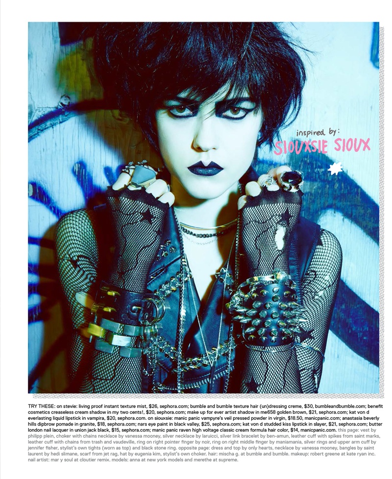 Inspired by Siouxsie Sioux, Anna wears a short hairstyle with black lips