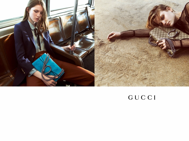 A model poses on sand for Gucci's fall 2015 campaign