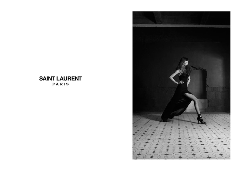 Flo models a Saint Laurent evening dress with fetish boots