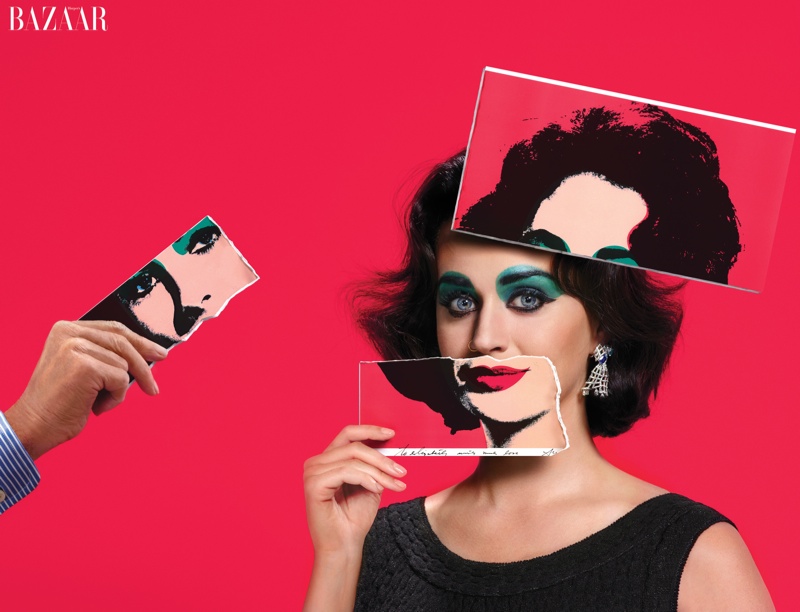 Katy Perry as Elizabeth Taylor for Harper's Bazaar.  Andy Warhol Artwork © The Andy Warhol Foundation for the Visual Arts, Inc. / Artists Rights Society (ARS), New York.
