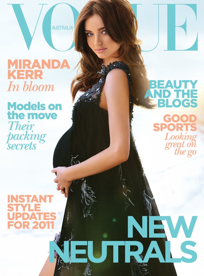 Miranda Kerr appeared pregnant on the January 2011 cover of Vogue Australia