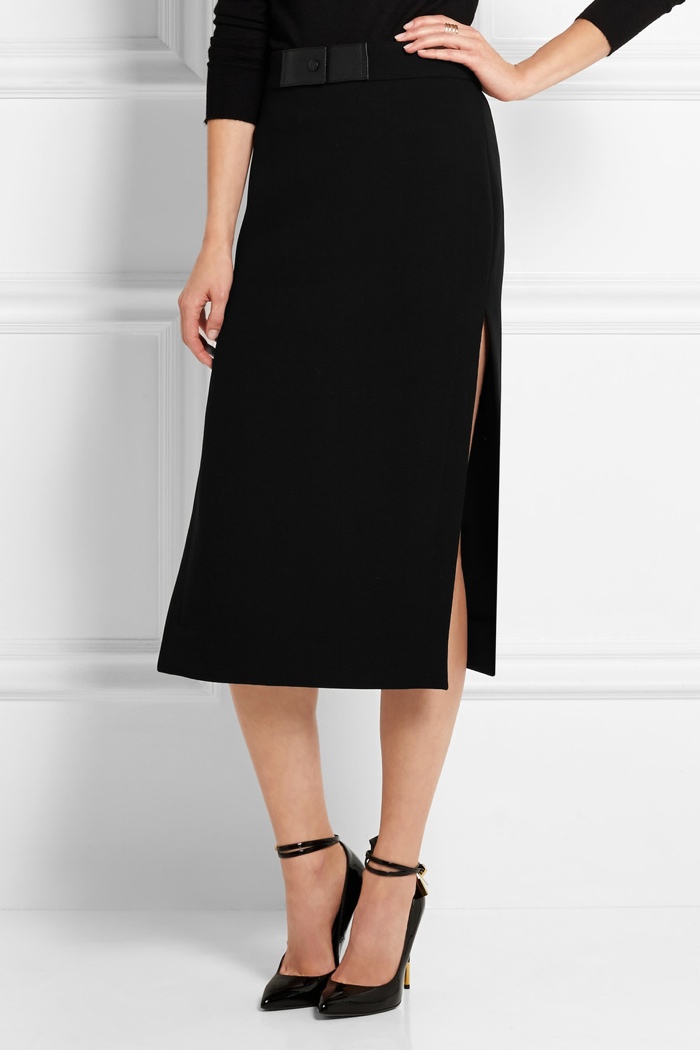 Tom Ford Leather-Trimmed Stretch Wool Crepe Skirt available for $1,390