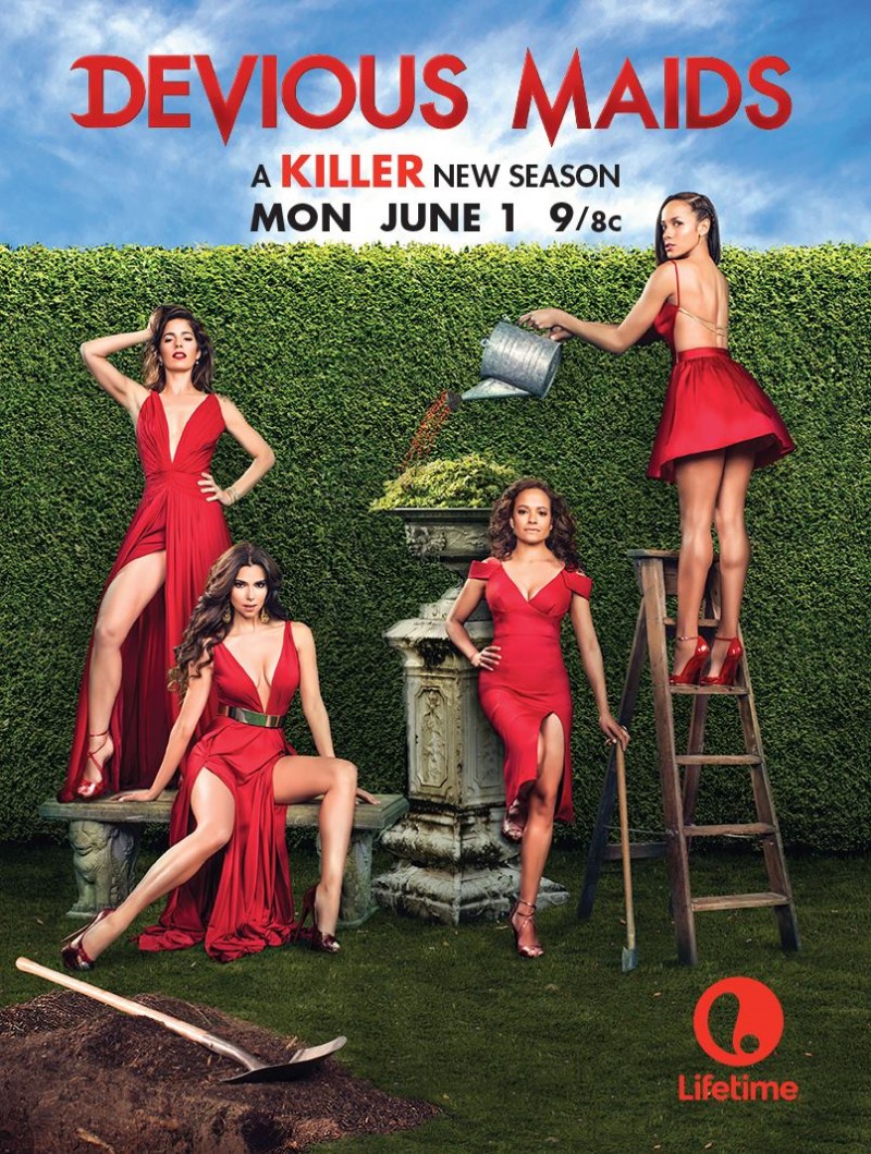 Devious Maids Season 3 poster with Dania Ramirez, Ana Ortiz, Judy Reyes and Roselyn Sanchez