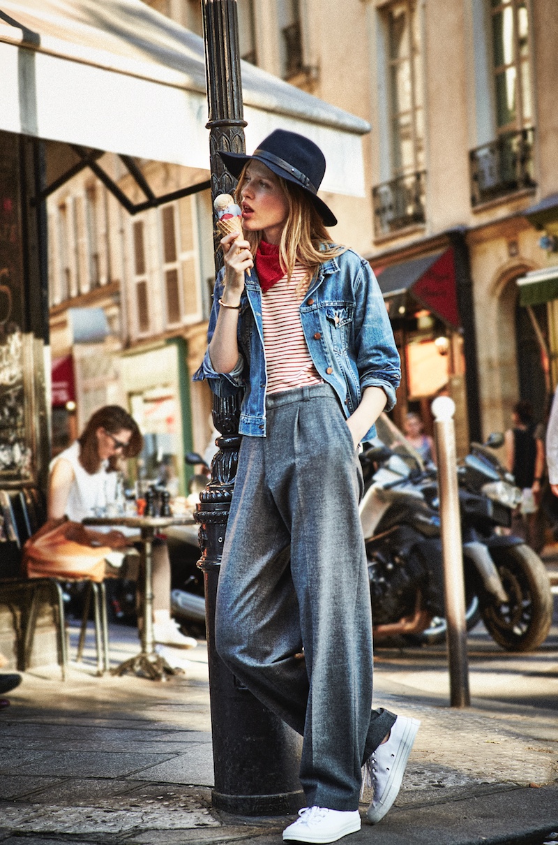 The model sports a denim jacket from  J Brand with Joseph trousers