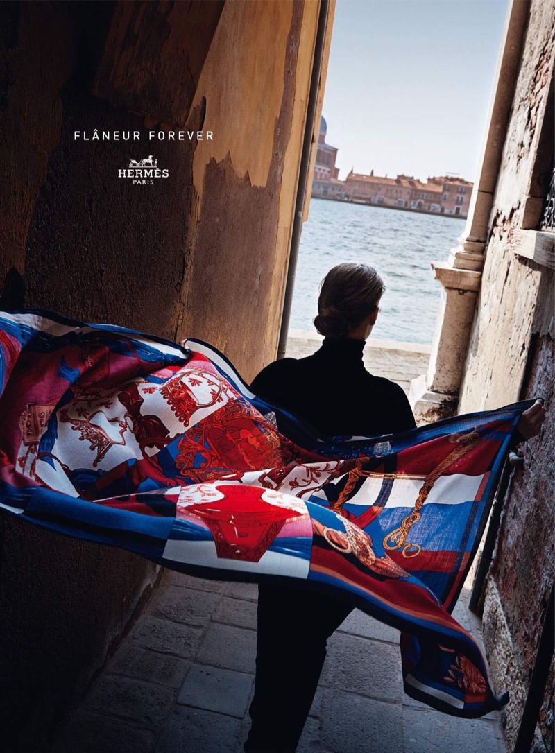 The campaign spotlights Hermes' famous scarves
