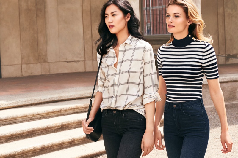 Liu wears a flannel shirt while Edita models a striped top
