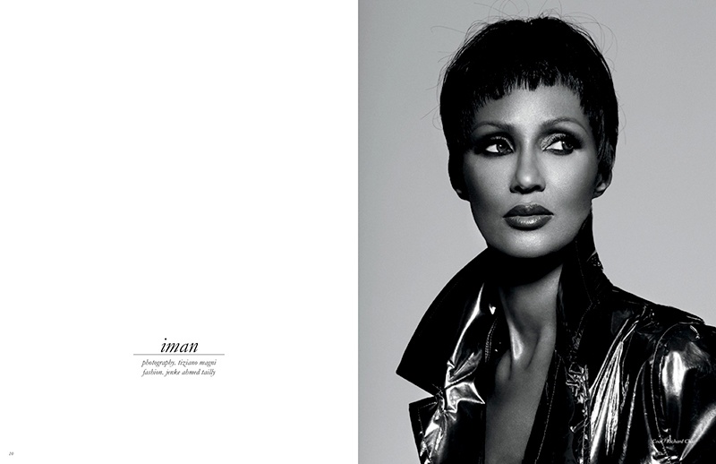 Iman models a short hairstyle in the editorial