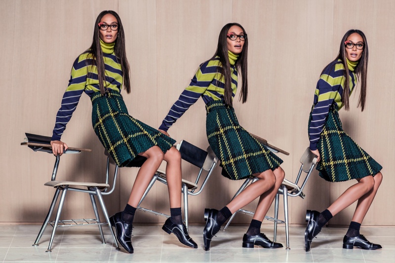The model looks geek chic in glasses and whimsical prints