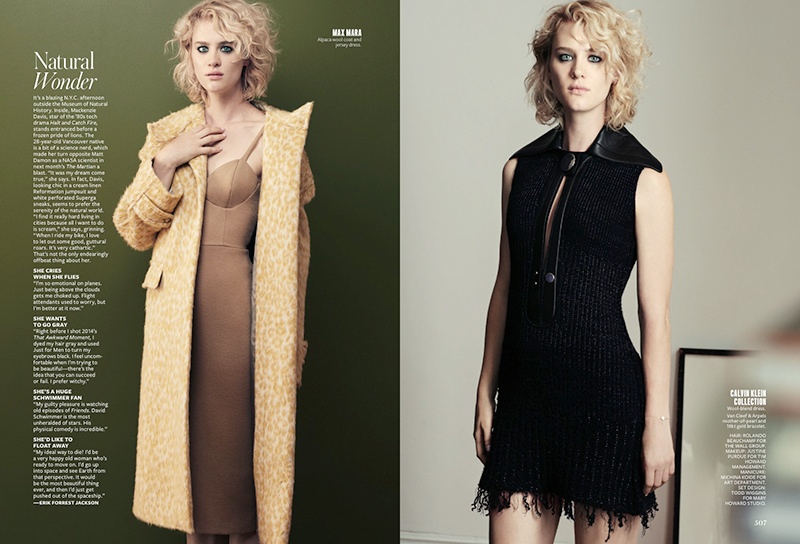 (L) Mackenzie wears Max Mara coat and dress (R) Mackenzie wears Calvin Klein Collection dress