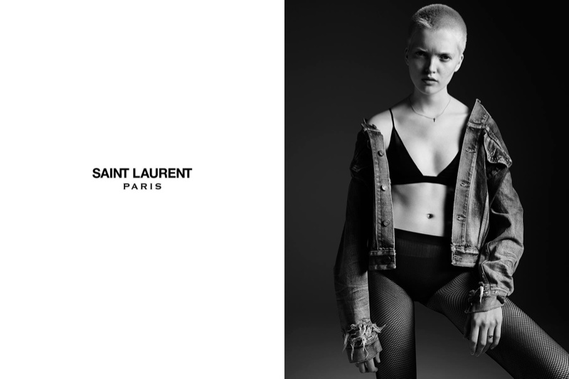Ruth poses in underwear and denim jacket from Saint Laurent