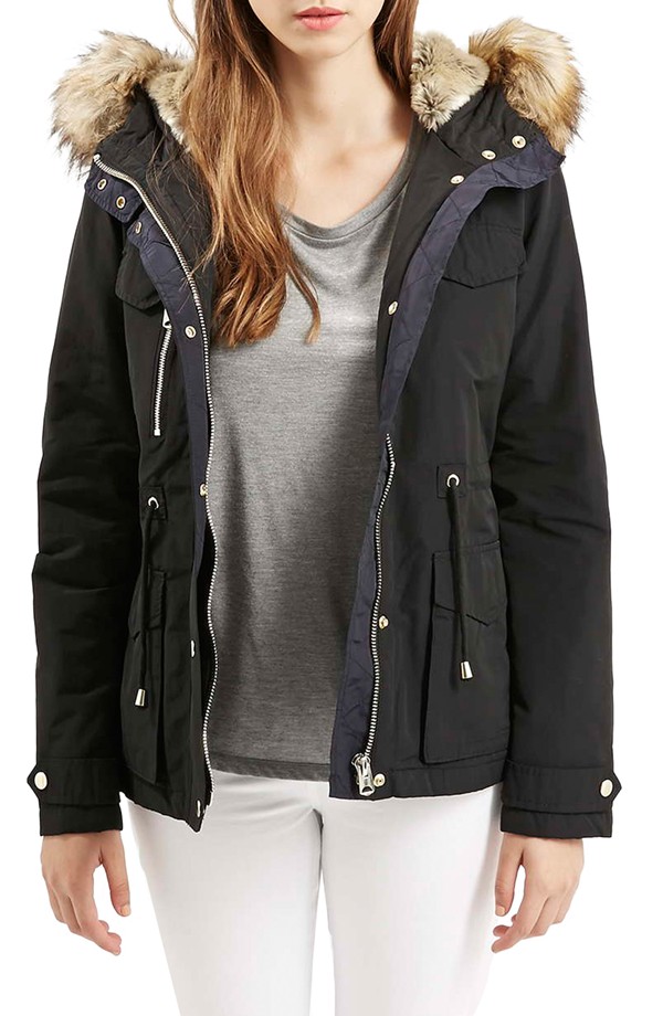 Topshop 'Jaxson' Short Hooded Parka with Faux Fur Trim available for $150.00