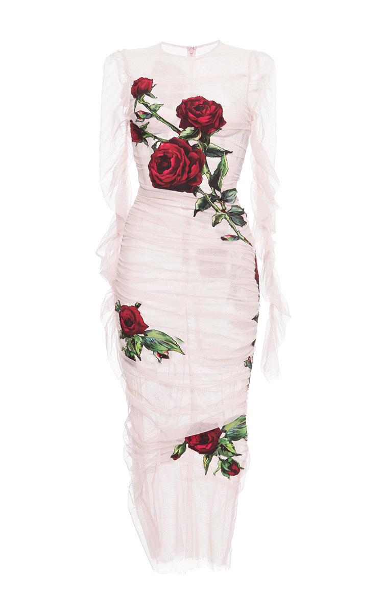 GET THE LOOK: Dolce & Gabbana Ruched Tulle Rose Appliqué Dress available at Moda Operandi