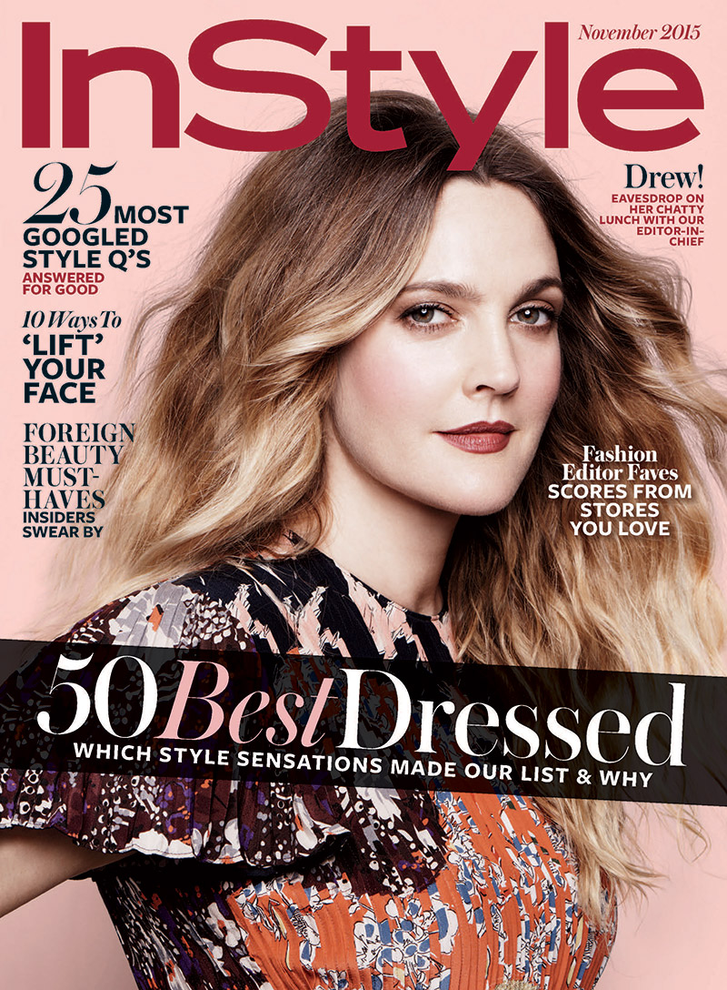 Actress Drew Barrymore lands the November 2015 cover of InStyle Magazine, looking gorgeous in a Valentino dress. Jan Welters photographed the star with styling by Melissa Rubini. The November issue of InStyle hits newsstands on October 16. 