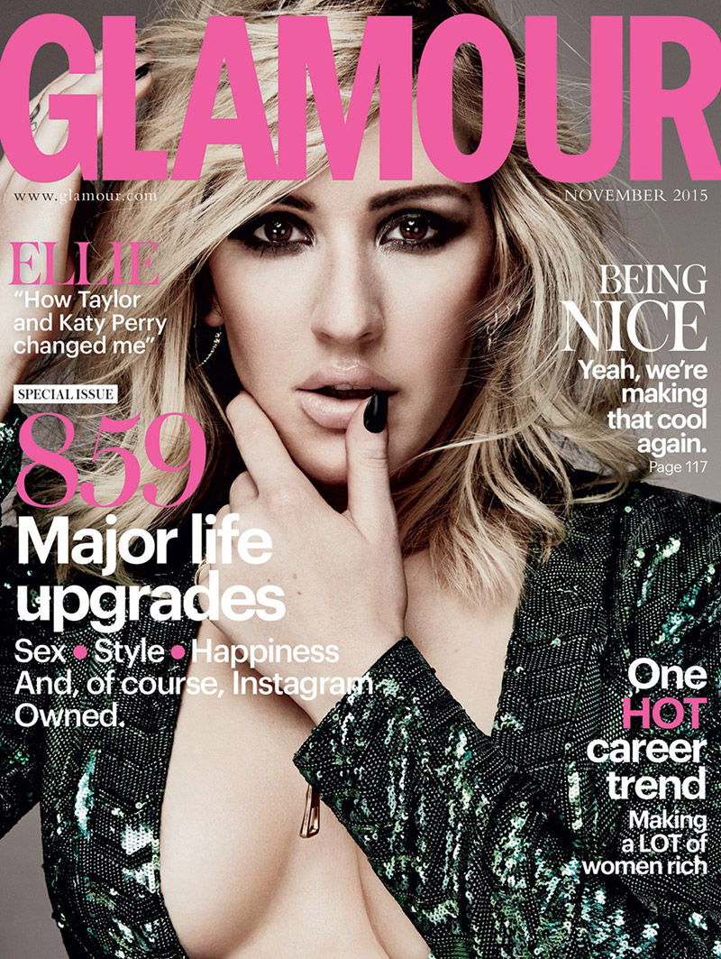 Singer Ellie Goulding flaunts her cleavage on the November 2015 cover of Glamour UK while wearing a green sequin-embellished dress and sexy pout. 