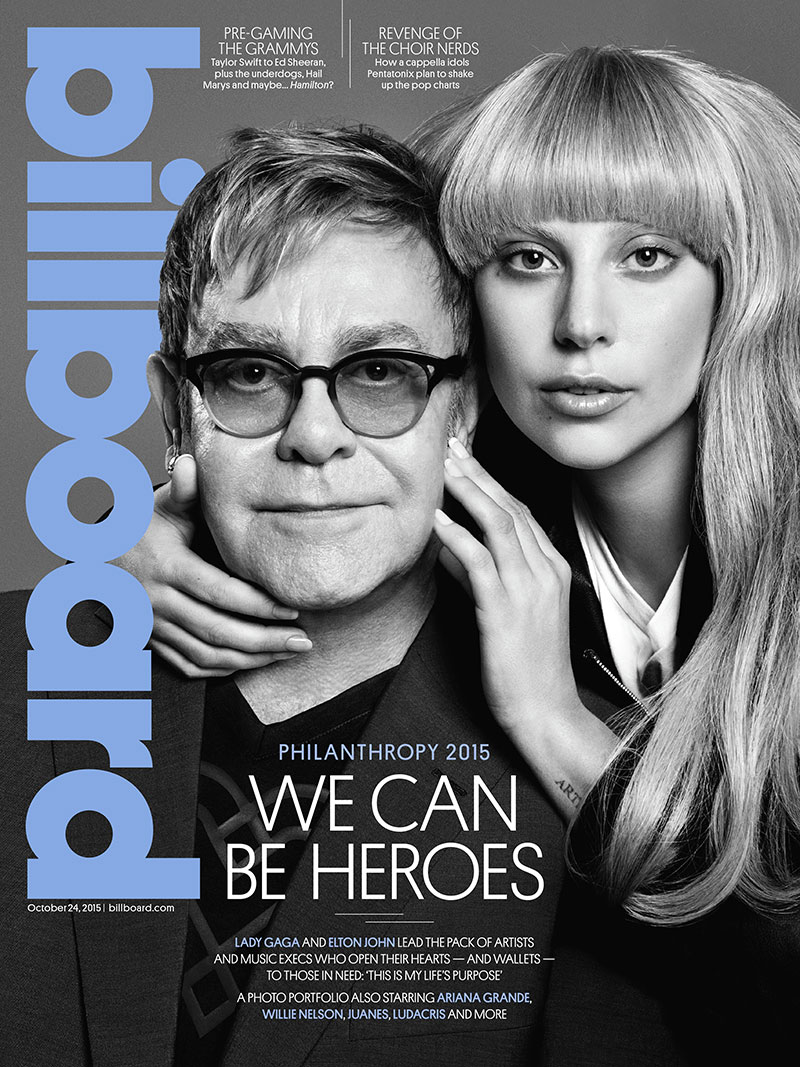 Elton John and Lady Gaga cover the October 14, 2015, cover from Billboard Magazine. The pair pose for Paola Kudacki in the black and white image.