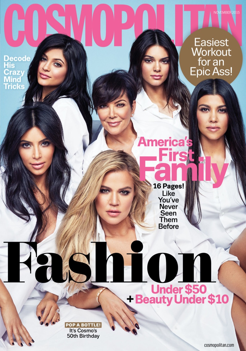 The Kardashian and Jenner family cover the November 2015, 50th anniversary issue of Cosmopolitan Magazine. For the first time in four years, the six including Kylie Jenner, Kendall Jenner, Kris Jenner, Kim Kardashian, Khloe Kardashian and Kourtney Kardashian pose all together. 