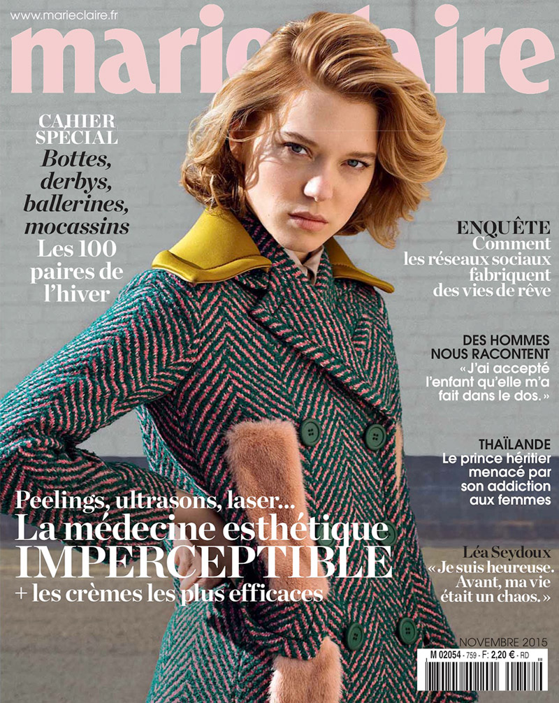 Lea Seydoux graces the November 2015 cover of Marie Claire France. The actress wears a Prada look in an image lensed by Elina Kechicheva.