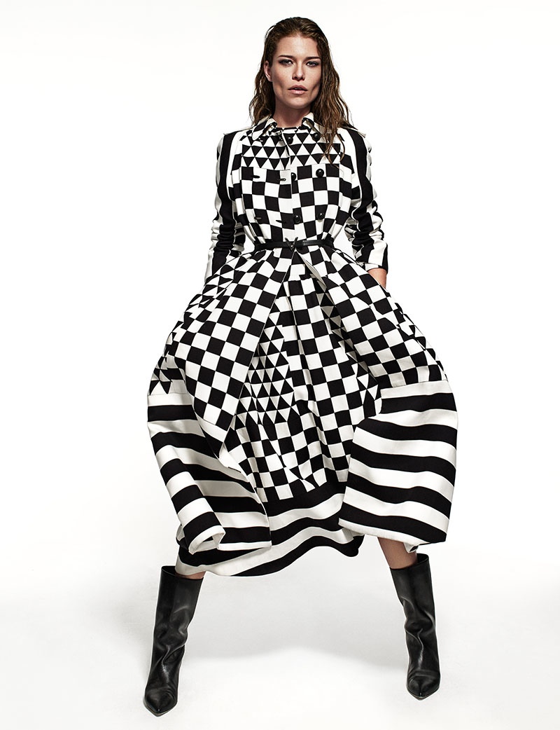 Louise poses in striped and checkered dress from Valentino
