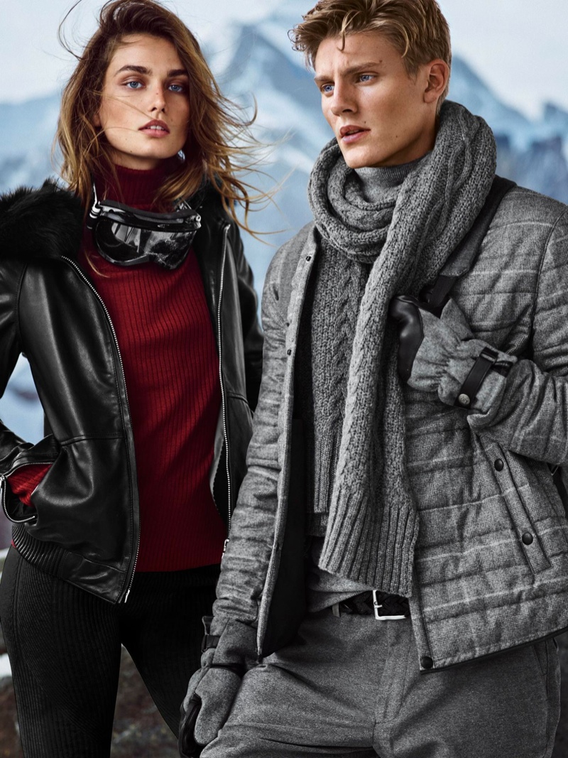 Layering up in sweaters and jackets, the models look ready to hit the slopes