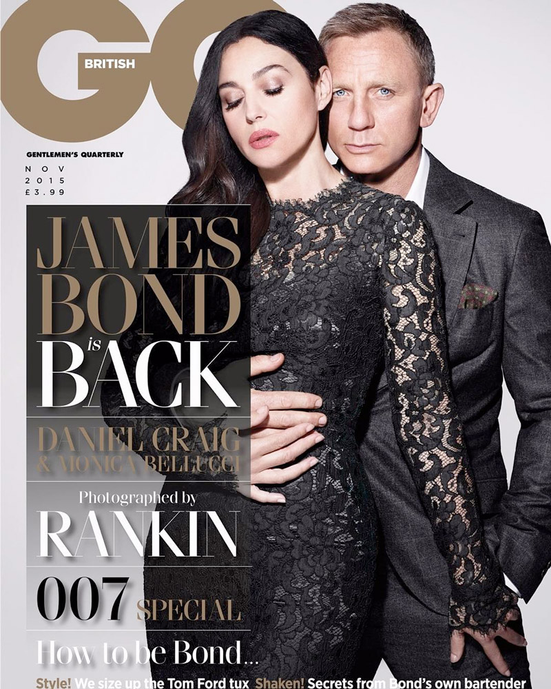 Monica Bellucci and Daniel Craig land the November 2015 cover from GQ UK. The 'Spectre' co-stars pose for Rankin in the image. FYI, Monica is wearing a Dolce & Gabbana dress.