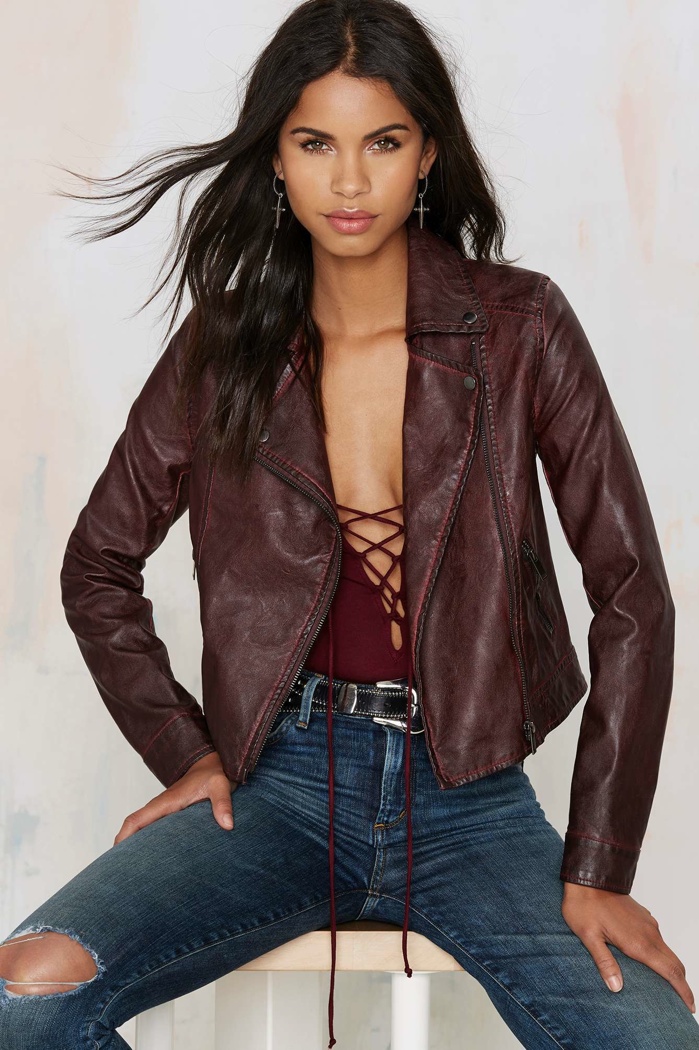 Nasty Gal Faux Leather Jacket in Burgundy