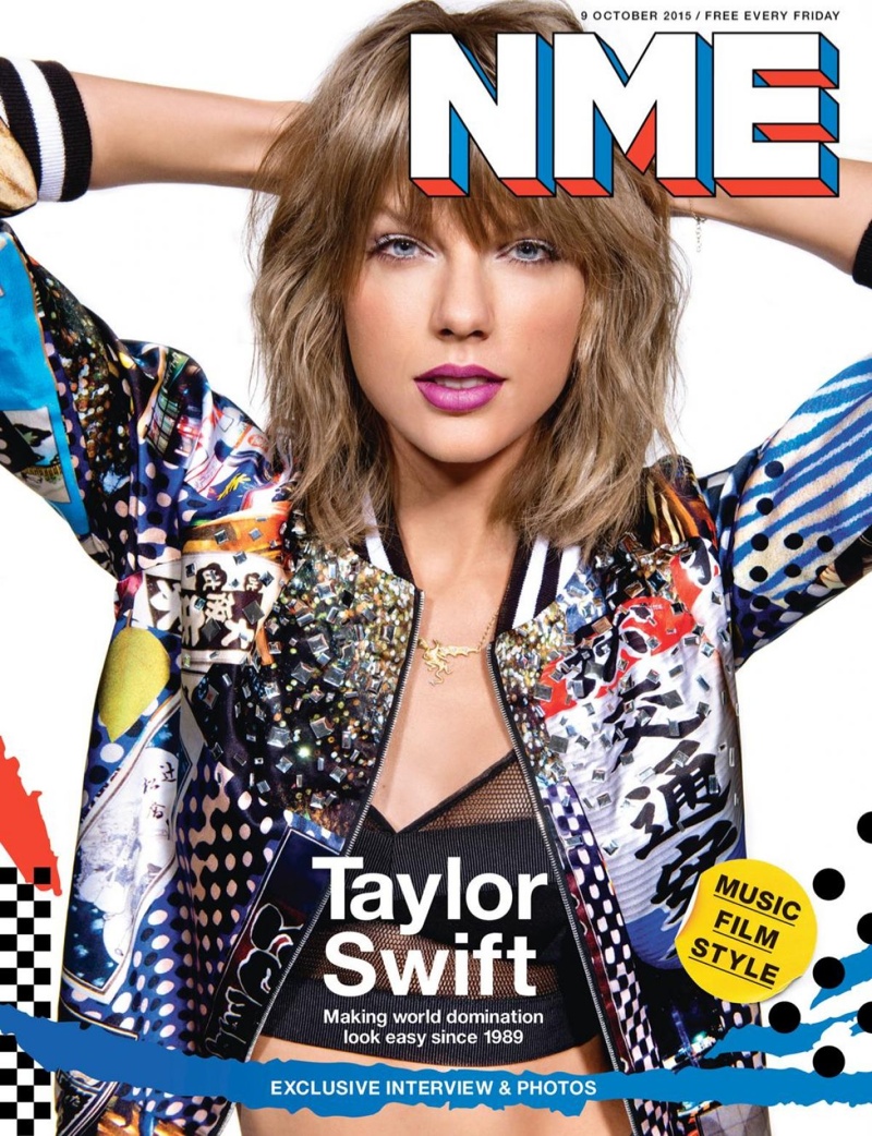 Singer Taylor Swift rocks a colorful look in the October 9, 2015, cover story from NME Magazine. The ‘Shake it Off’ singer poses in a bra top, bomber jacket and high-waisted shorts. 