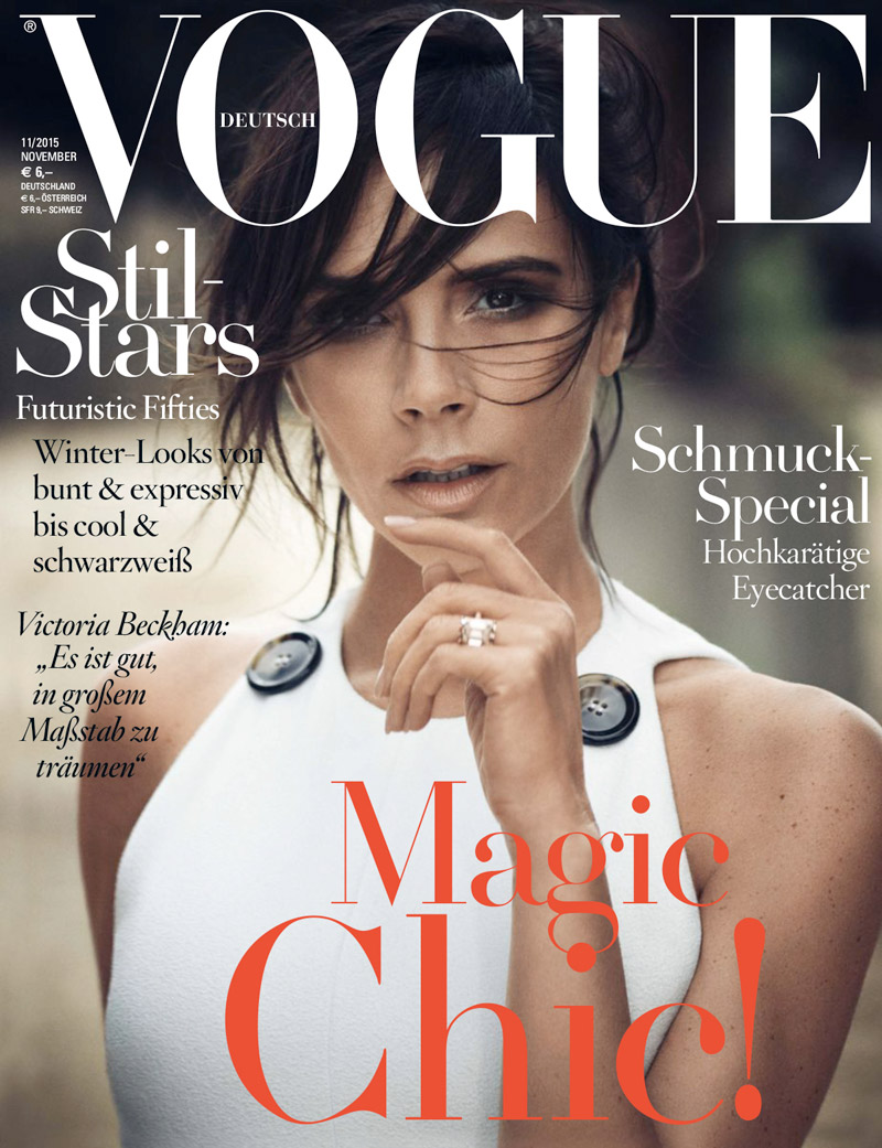 Victoria Beckham graces the November 2015 cover of Vogue Germany, wearing a design from her fall collection. Boo George photographed the British designer for the new issue.