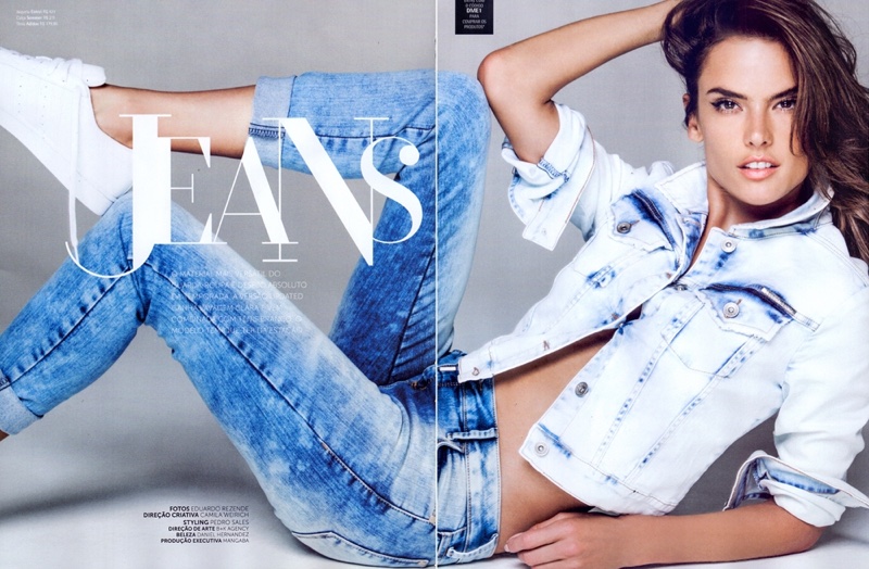 The model wears denim looks from the Brazilian fashion label
