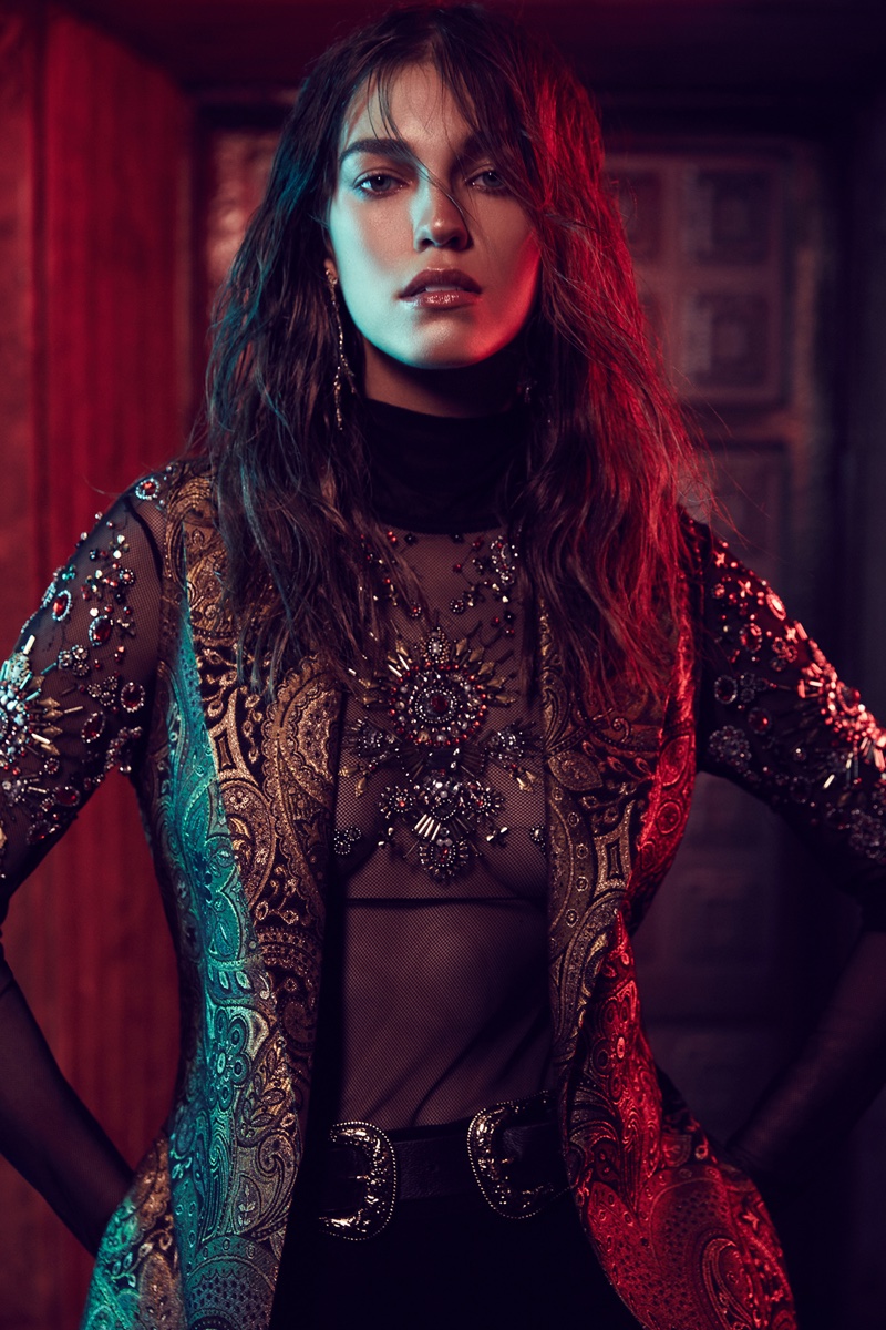 Nasty Gal Show Off Beaded Mesh Bodysuit, Nasty Gal Go for Baroque Maxi Vest, I Still Love You NYC Luxe Cross Earrings