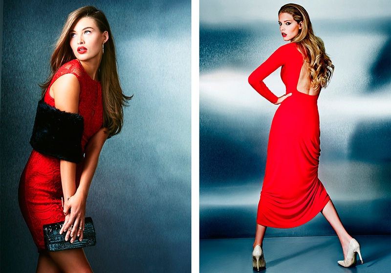 (L) Guess Wilshire Dress in Red, Faux Fur Pull-Through Scarf (R) Guess Long-Sleeve Open-Back Maxi Dress, Pointed Toe Pumps