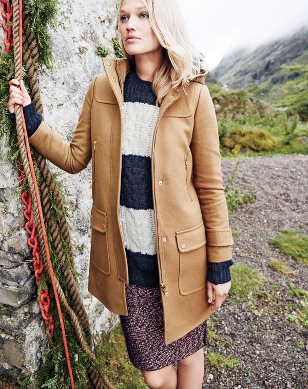 J.Crew women’s duffle coat, Collection Italian cashmere cable sweater in stripe and Collection rose-gold tweed mini skirt