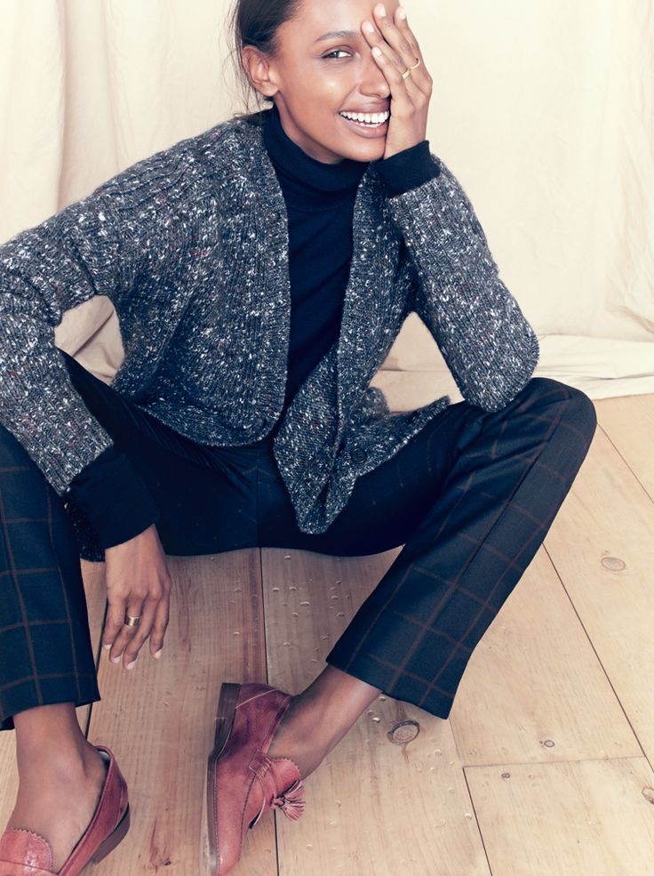 J.Crew Collection Chunky Marled Cardigan Sweater, Shrunken Turtleneck Sweater, Classic Full-Length Pant In Windowpane Plaid, and Biella Crackled Leather Loafers