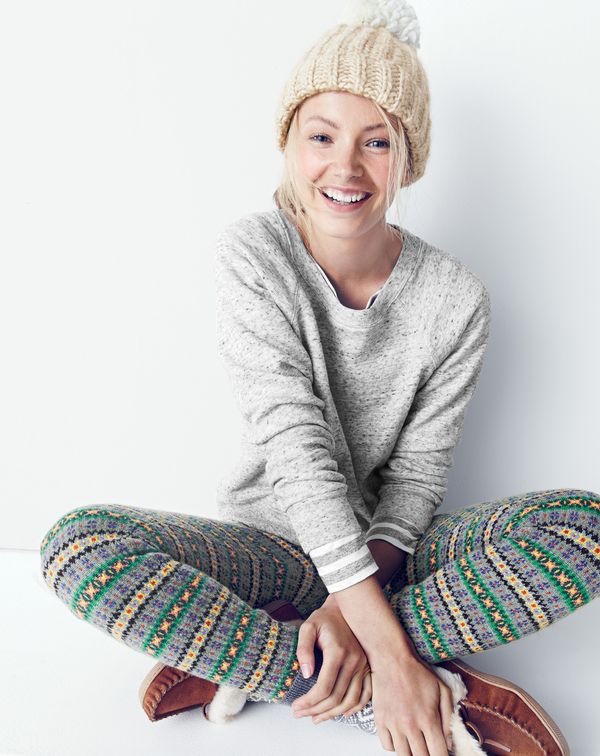 J.Crew women’s classic crewneck sweatshirt, Fair Isle legging, ribbed pom-pom beanie, striped boatneck T-shirt, Fair Isle trouser socks and lodge moccasins.