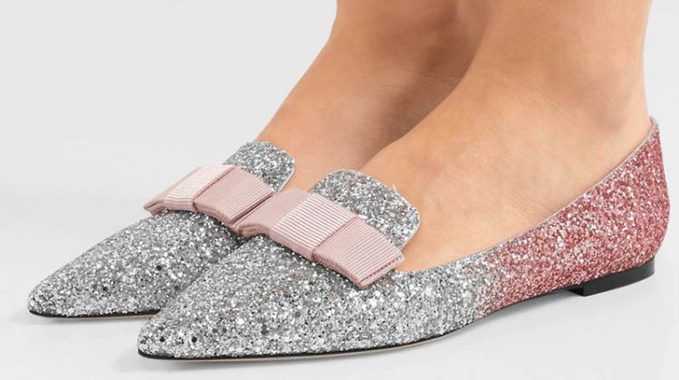 Jimmy Choo Gala Glittered Leather Flats $595